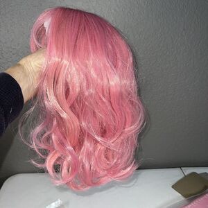 Youvimi Pink Wig Med Length Curly Bangs Anime Cosplay